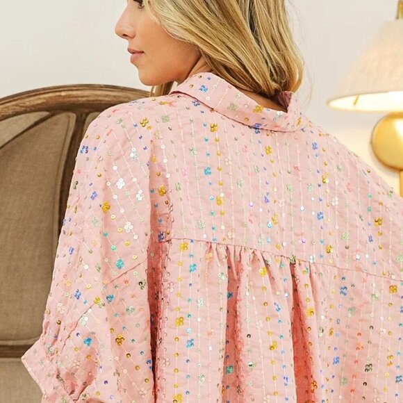 BiBi Sequin Striped Short Dolman Sleeve Blouse - Picture 13 of 14